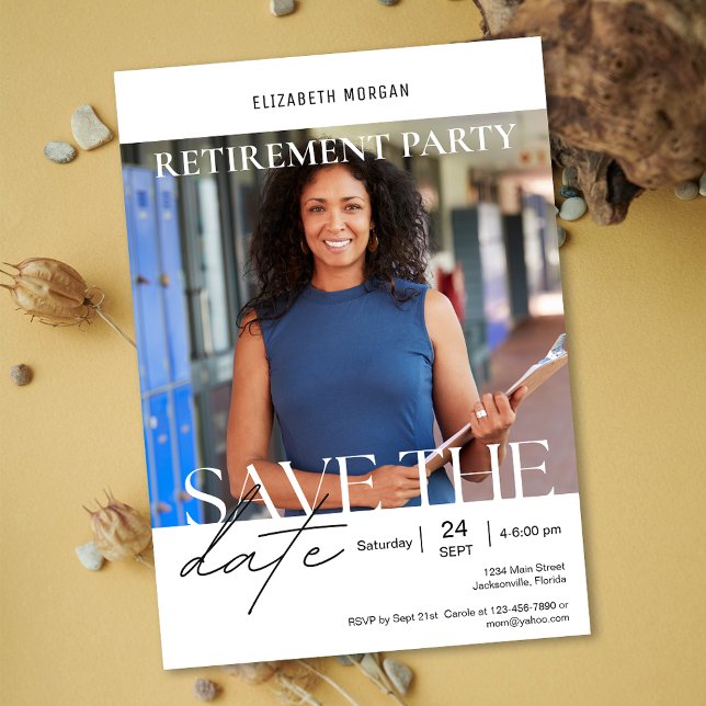 Invitation Photo personnalisée Parti de retraite moderne Enre (Custom Photo Modern Retirement Party Save the Date Invitation)