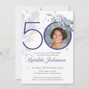 Invitation Photo personnalisée Purple Floral Surprise 50e ann
