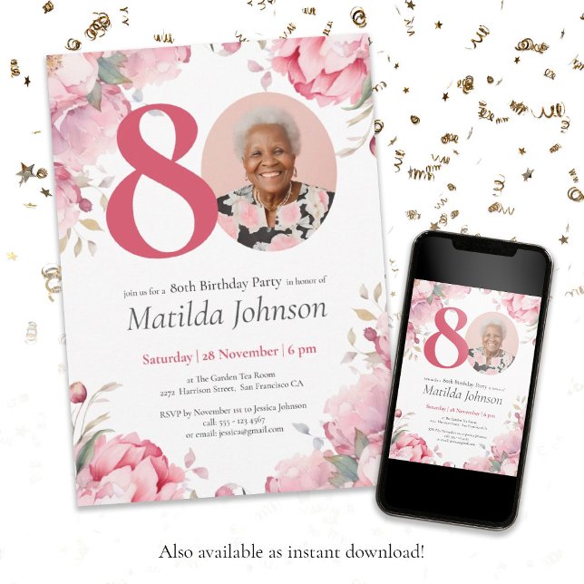 Invitation Photo personnalisée rose floral 80e anniversaire I (80th Birthday Pink Floral Botanical Custom Photo Invitation)