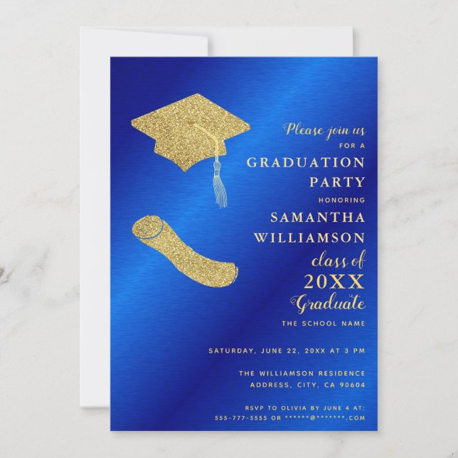 Invitation Photo personnalisée Royal Blue et Gold Graduation  (Devant)