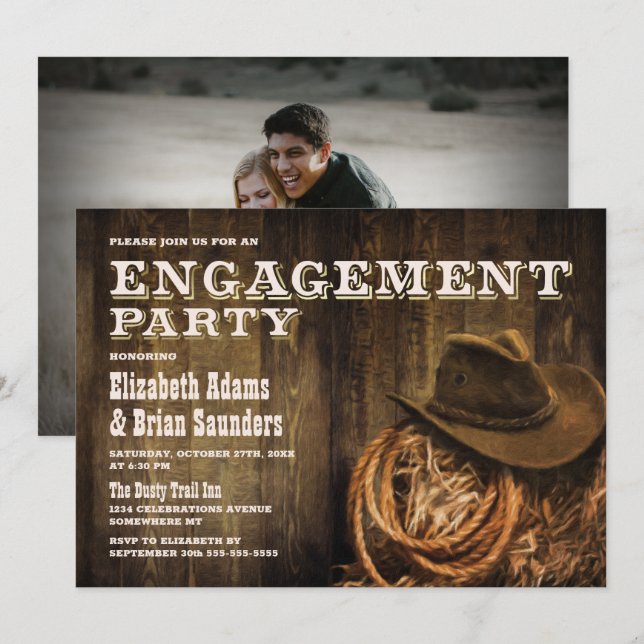 Invitation Photo personnalisée Rustic Wood Western Engagement (Devant / Derrière)