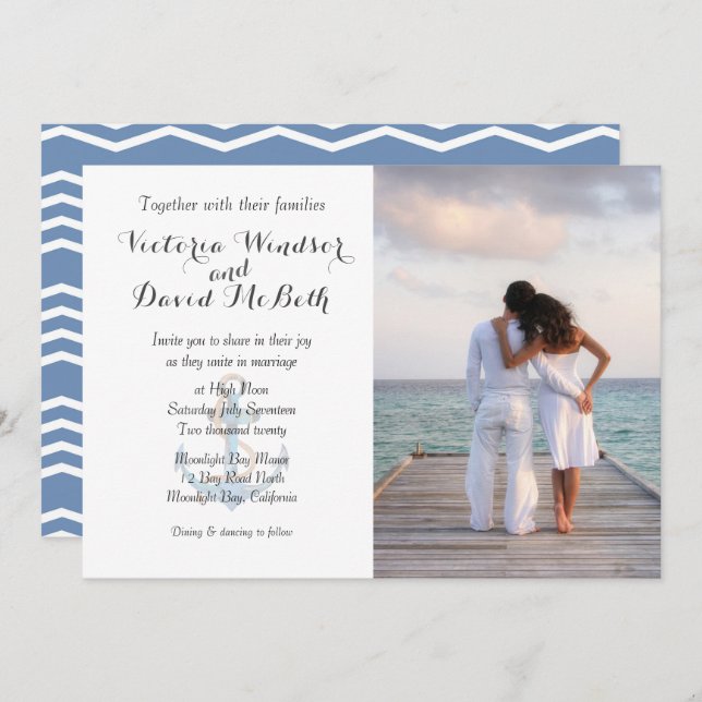 Invitation Photo personnalisée Sea Blue Beach Wedding Invitat (Devant / Derrière)