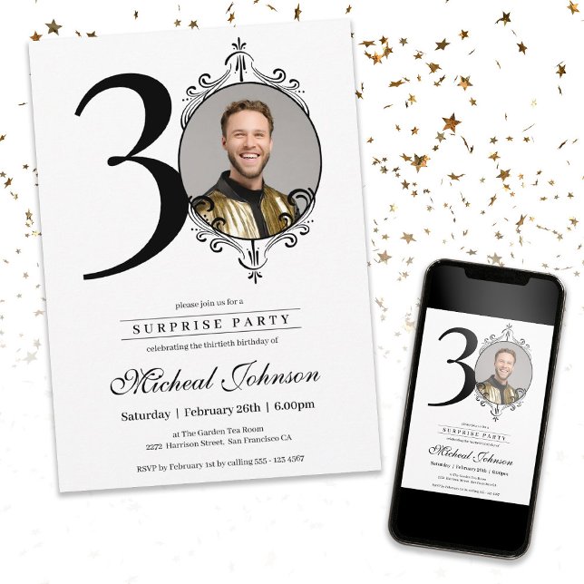 Invitation Photo personnalisée simple et chic Surprise 30e an (Simple Chic Custom Photo Surprise 30th Birthday Invitation)