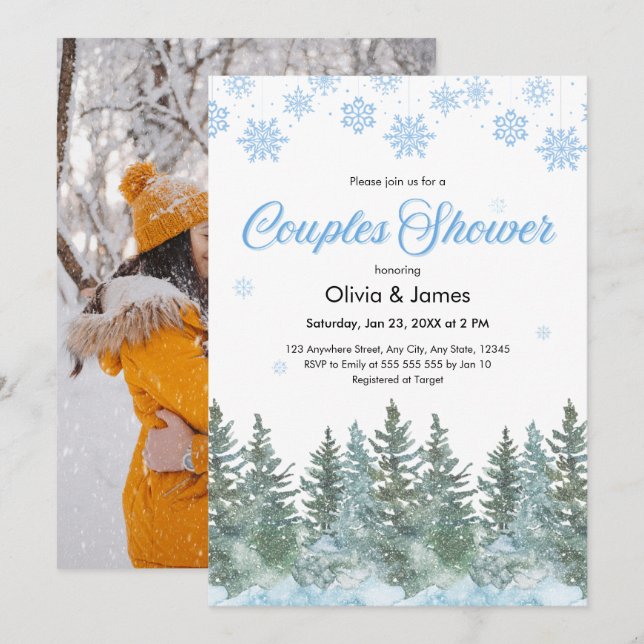 Invitation Photo Pine Winter Snowflakes Couples Bridal Shower (Devant / Derrière)