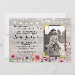 Invitation Photo Pink Anniversaire Floral Rustic Bois Invitat