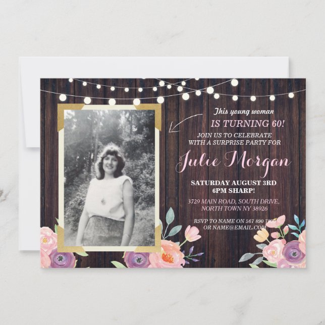 Invitation Photo Pink Anniversaire Floral Rustic Bois Invitat (Devant)
