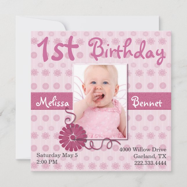 Invitation photo Pink Baby pour le premier anniver (Devant)