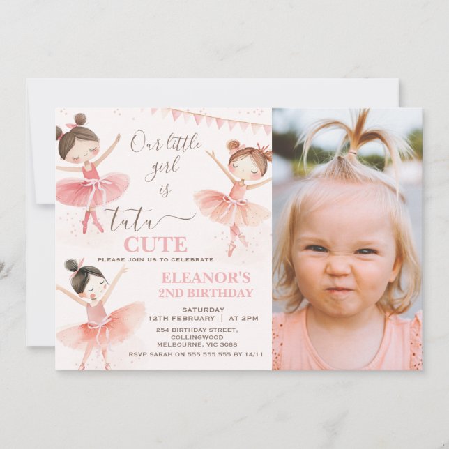 Invitation Photo Pink Ballerina Tutu 2e anniversaire (Devant)