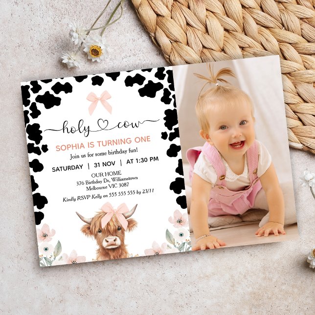 Invitation Photo Pink Black Bow Holy Cow Birthday (Girls Holy Cow Birthday Invitation, Holy Cow Invitation, Highland Cow Birthday Invitation, Cow Theme)