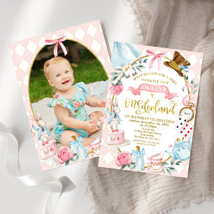 Invitation Photo Pink Bow Alice Onederland 1er anniversaire