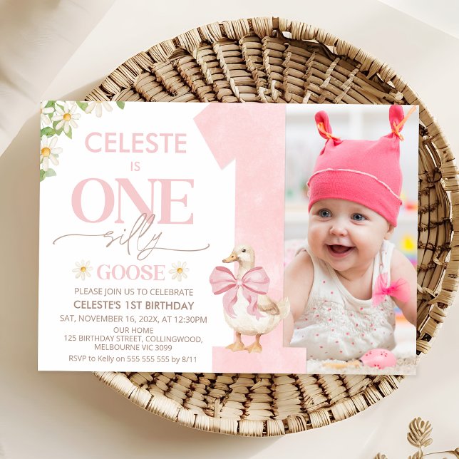 Invitation Photo Pink Bow Daisy One Silly Goose 1er anniversa (Photo One Silly Goose Birthday Invitation Template One Silly Goose Birthday Invitation Template )