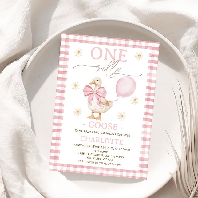 Invitation Photo Pink Bow One Silly Goose 1er anniversaire (Pink One Silly Goose Birthday Invitation Template One Silly Goose Birthday Invitation Template )
