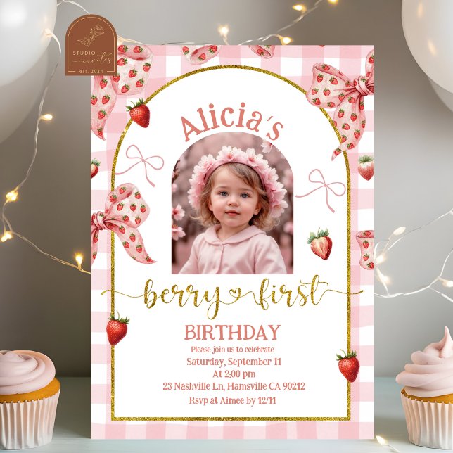 Invitation Photo Pink Bow Strawberry Berry Sweet 1st Birthday (Créateur téléchargé)