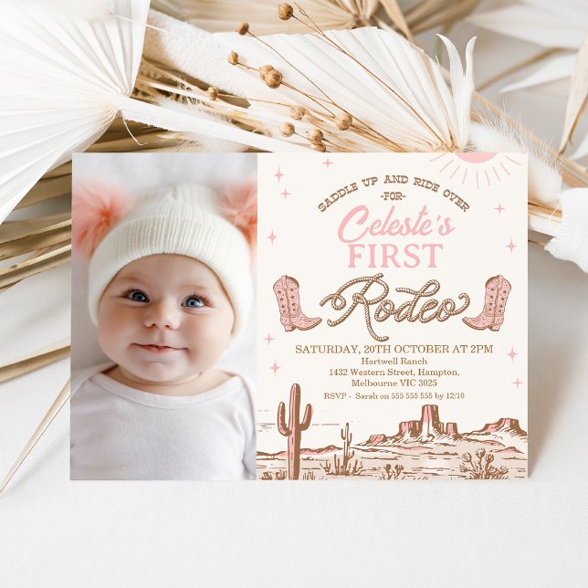 Invitation Photo Pink Brown Cowgirl première rodéo 1er annive (Girls First Rodeo Birthday Invitation Template, Photo Pink Brown Rodeo Birthday Invitation, Any Age)