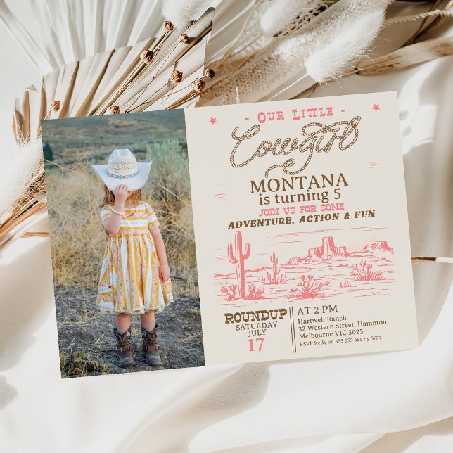 Invitation Photo Pink Brown Western Desert Cowgirl Anniversai (Cowgirl Birthday Invitation Girl, Rustic Western Desert, Pink Cowgirl Birthday Invite, Any Age, )