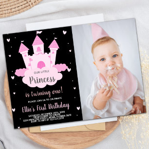 Invitation Photo Pink Castle sous Cloud Princess Anniversaire