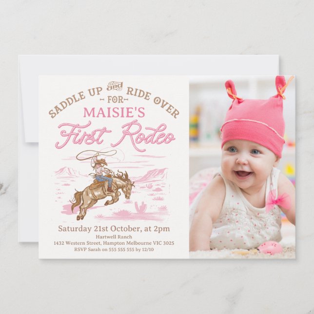 Invitation Photo Pink Cowgirl First Rodeo 1er anniversaire (Devant)