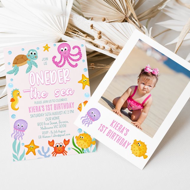 Invitation Photo Pink Cute Oneder La Mer 1er Anniversaire (Girls Photo Oneder the Sea 1st Birthday Invitation Template, Cute Under the Sea 1st Birthday Invite)