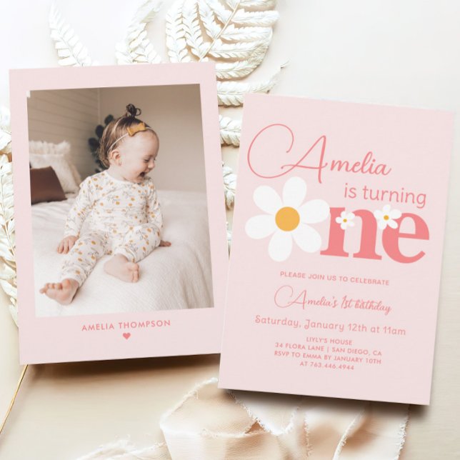 Invitation Photo Pink Daisy 1ère fête d'anniversaire (Créateur téléchargé)