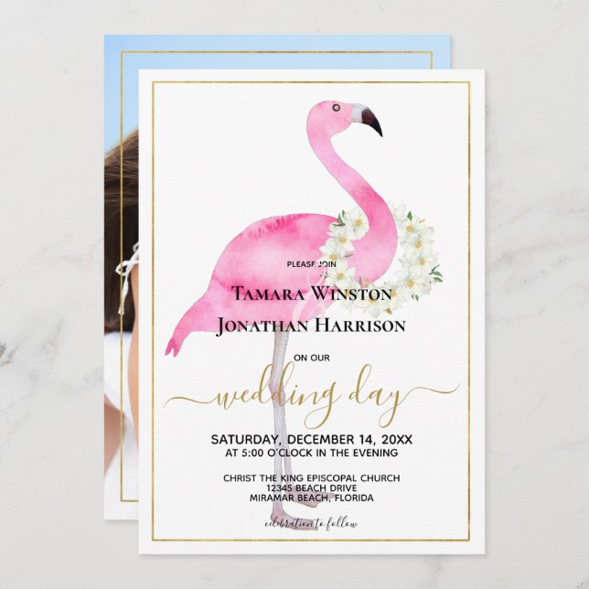 Invitation Photo Pink Flamingo Magnolias Beach Wedding (Devant / Derrière)