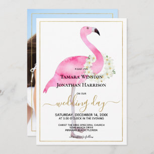 Invitation Photo Pink Flamingo Magnolias Beach Wedding