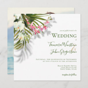 Invitation Photo Pink Floral Palms Shadows Beach Mariage