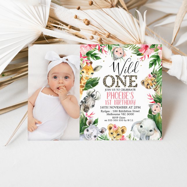 Invitation Photo Pink Floral Safari Wild Un anniversaire (Girls Wild One Safari 1st Birthday Invitation Pink Floral Foliage, Cheetah Print, Wild One Invite)