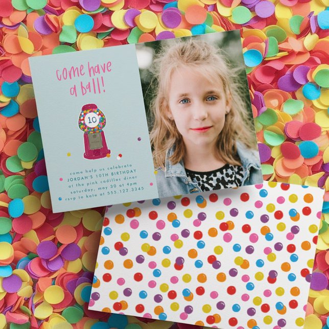 Invitation Photo Pink Gumball Machine Candy Buble Gum Party (Photo Pink Gumball Machine Candy Bubble Gum Party Invitation)