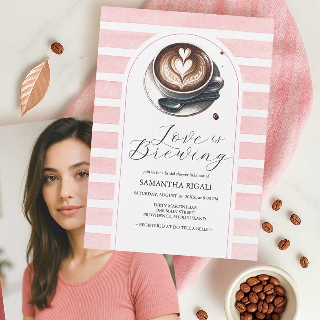 Invitation Photo Pink Love est en train de brasser Fête des m (Photo bridal shower invitation from the Pink Love Is Brewing collection featuring coffee themed)