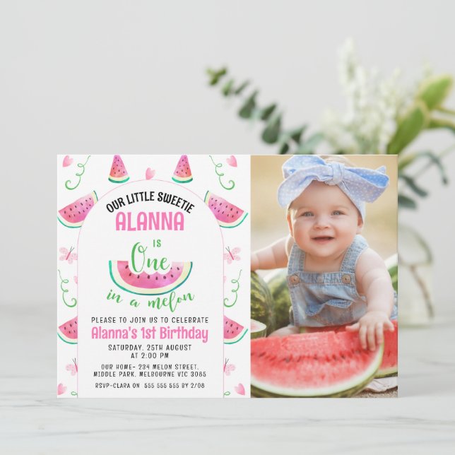 Invitation Photo Pink One In A Melon 1er Anniversaire (Debout devant)