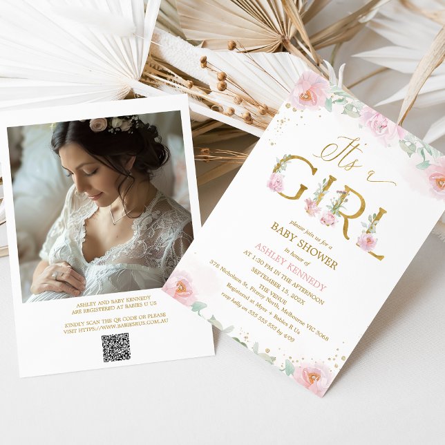 Invitation Photo Pink Peonies C'est un Baby shower de fille (Floral It's a Girl baby Shower Invitation Template, Pink Peonies Baby Shower Invitation Girl QR Code)
