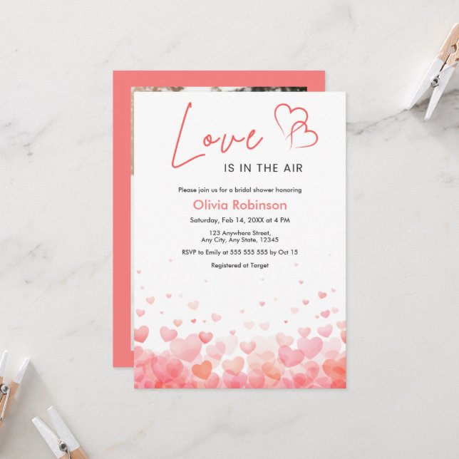 Invitation Photo Pink & Red Love is in the Air Bridal Shower  (Devant/Arrière en situation)