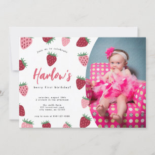 Invitation Photo Pink & Red Strawberry Berry premier annivers