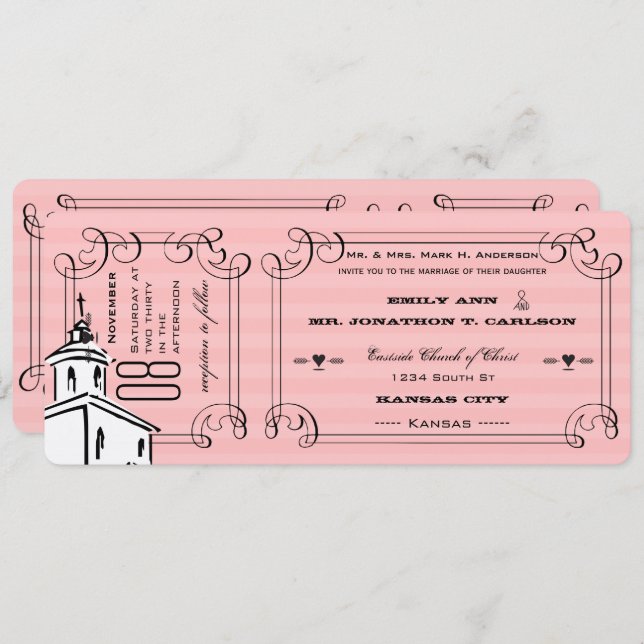 Invitation Photo Pink Romantic Chapelle Mariage de billet (Devant / Derrière)