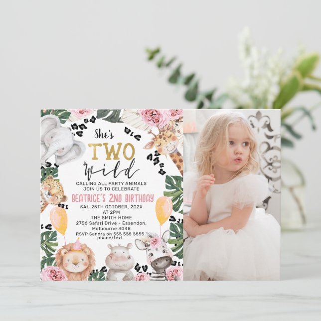 Invitation Photo Pink Roses Safari Deux Anniversaire Sauvage (Debout devant)