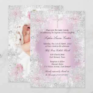 Invitation Photo Pink Silver Flakes Girl Baptism Cross