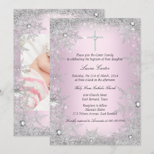 Invitation Photo Pink Silver Snowflake Baptiser/Christening