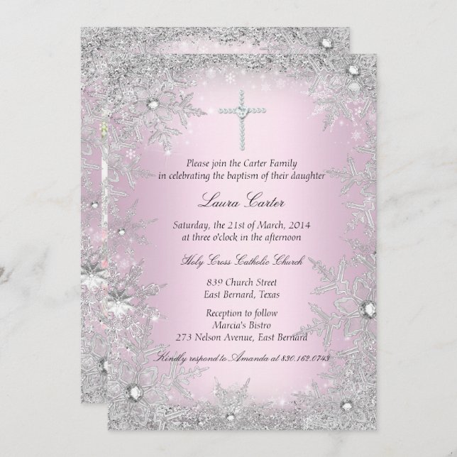 Invitation Photo Pink Silver Snowflake Baptiser/Christening (Devant / Derrière)