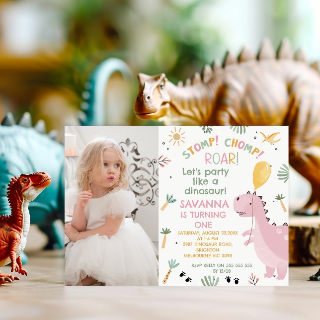 Invitation Photo Pink Stomp Chomp Roar Dinosaur 1er anniversa (Girls Stomp, Chomp, Roar Dinosaur Birthday Invitation, Party Like A Dinosaur Birthday Invitation )