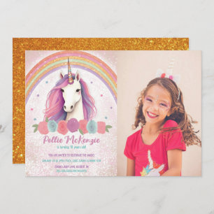 Invitation Photo Pink Unicorn, Rose, Rainbow Birthday Party