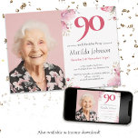 Invitation Photo Pink Watercolor Floral 90e anniversaire<br><div class="desc">Photo Pink Watercolor Floral 90th Birthday Invitation. Immergez-vous dans un délicat mélange de teintes d'aquarelle, principalement roses, et de détails floraux complexes qui forment une tapisserie fantaisiste d'élégance. Élevez la touche personnelle avec une photo personnalisée, tissant en toute transparence des souvenirs précieux dans le design de l'invitation. Ce chef-d'oeuvre féminin...</div>