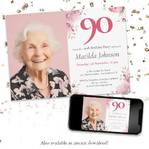 Invitation Photo Pink Watercolor Floral 90e anniversaire