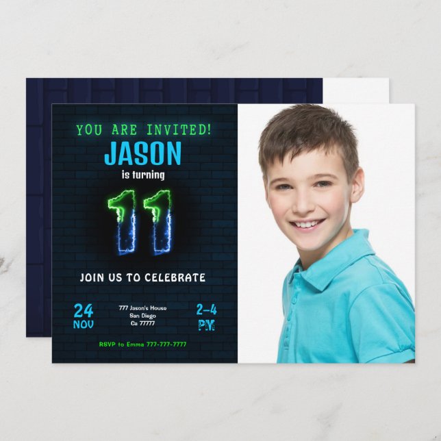Invitation photo pour 11e anniversaire de garçon (Devant / Derrière)