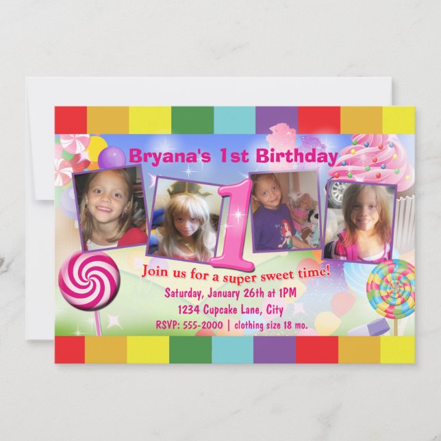 Invitation photo pour 1er anniversaire Candyland 4 (Devant)