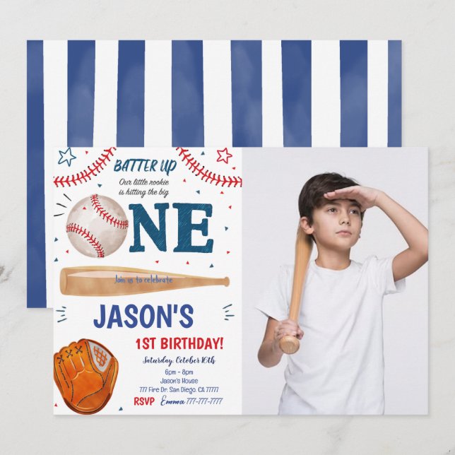 Invitation photo pour 1er anniversaire de baseball (Devant / Derrière)