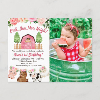 Invitation photo pour 1er anniversaire Ferme/Pink