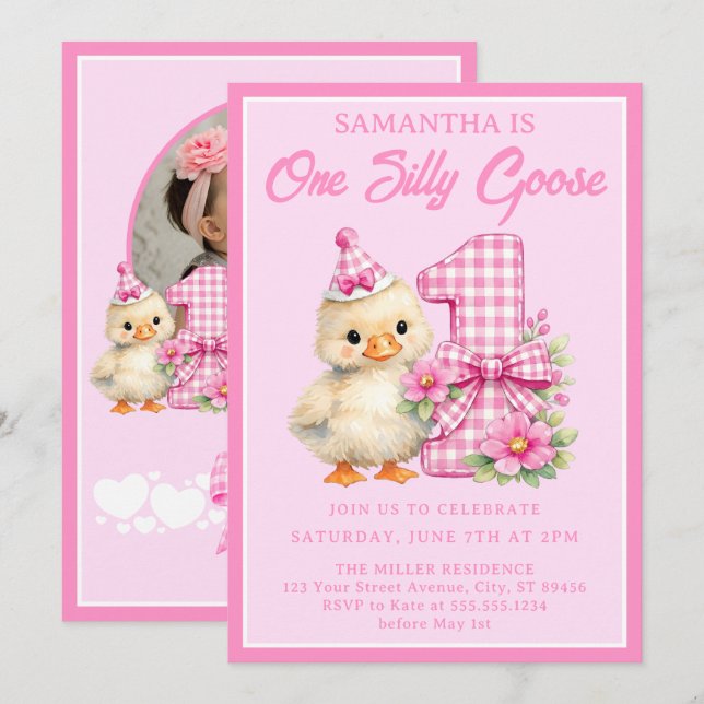 Invitation photo pour 1er anniversaire Silly Goose (Devant / Derrière)