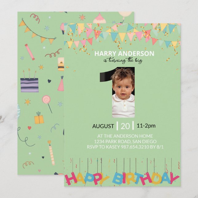 Invitation photo pour 1er anniversaire Vert Menthe (Devant / Derrière)
