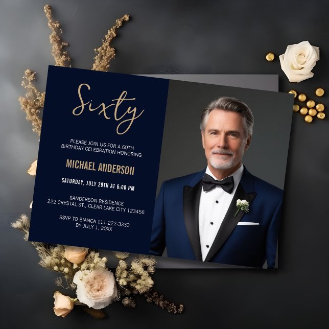 Invitation photo pour 60e anniversaire en agate bl (Elegant navy and gold 60th birthday invite with a timeless, luxe feel)
