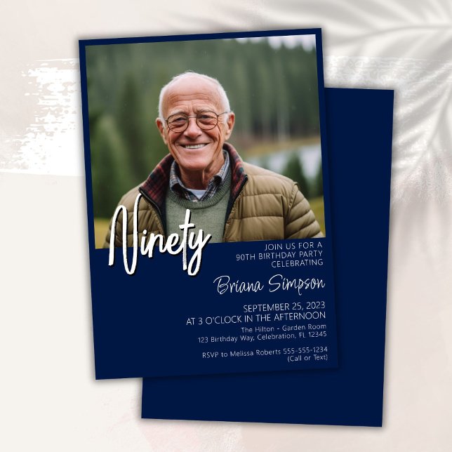 Invitation photo pour 90e anniversaire Bleu marine (Créateur téléchargé)